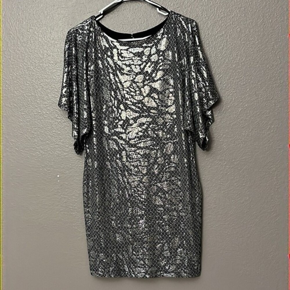 Hailey Logan by Adrianna Papell mini shift cocktail dress black metallic XS - Picture 2 of 14